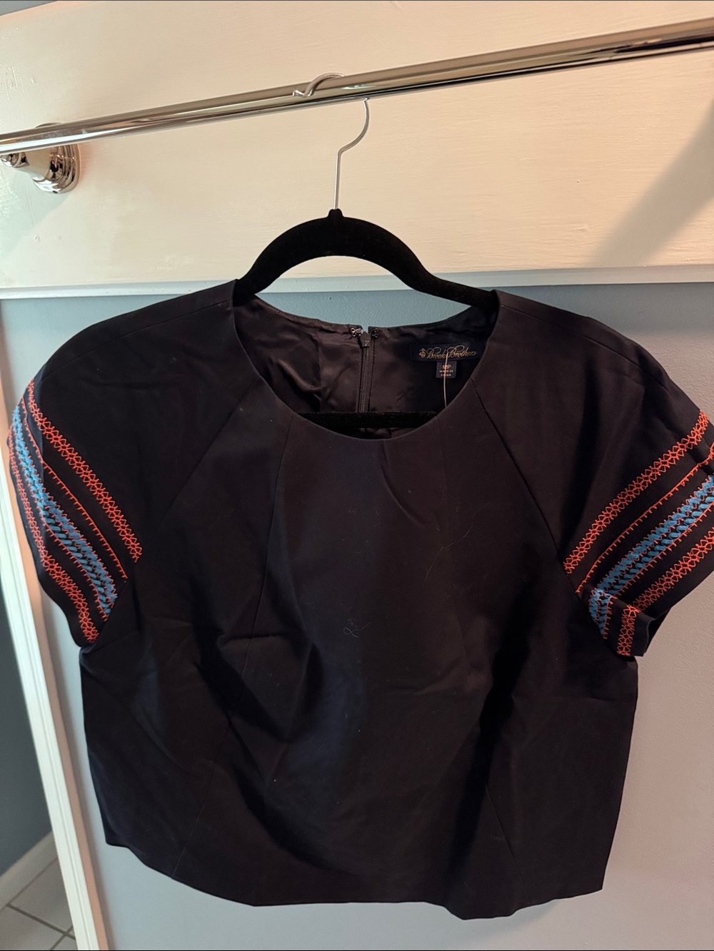 Brooks Brothers Black Crop Top with Red and Blue Embroidered Sleeves